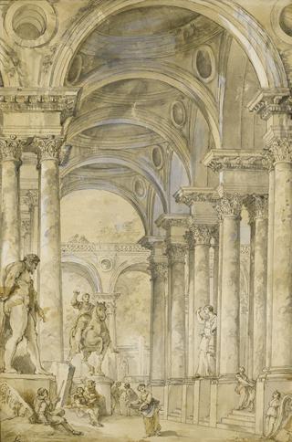 An Architectural Capriccio with Figures and Antique Statues