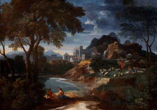 An Italianate River Landscape with a Villa and Shepherds Resting with their Flock by a Pond