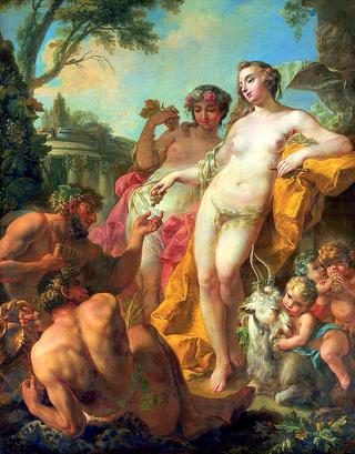 Bacchic figures in a classical landscape