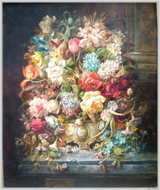 Large still-life withflowers, butterflies, beetles and dragon-fly