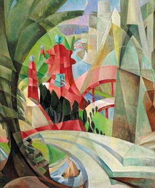 Cubist Landscape with Red Pagoda and Bridge
