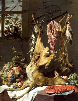 Still Life with Game Suspended on Hooks, a Lobster on a Porcelain Plate and a Basket of Grapes, Apples, Plums and Other Fruit on a Partly Draped Table with Two Monkeys