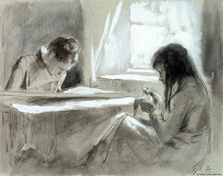 Girls Sewing by the Window