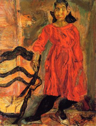 Young Girl in Red beside a Chair