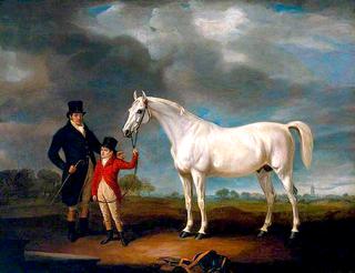 Mr Powell and his Son, with Norton, a Grey Hunter