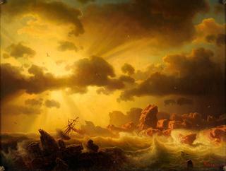 Stormy coastal scene with frigate