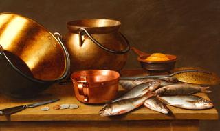 A Still life of Fish with Copperware on a Table