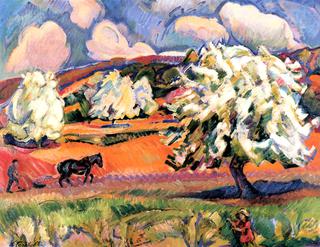 Landscape with Trees, Flowers and Peasant with Plough