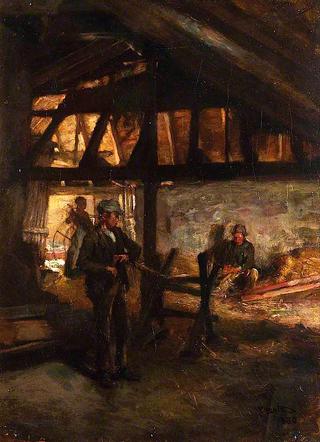 Interior of a Barn, Making Straw Ropes