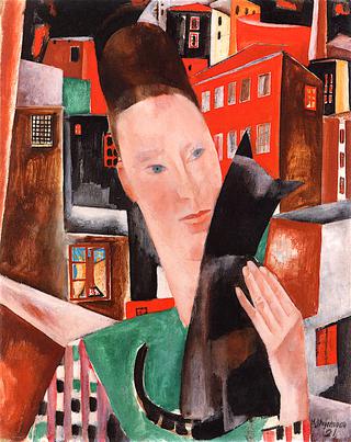 Woman and Black Cat at Night