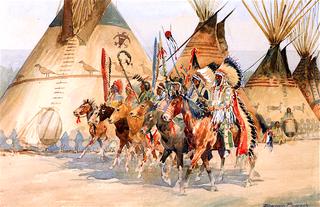 Indian Chiefs Carrying Ceremonial Standard, Riding Past Wigwams