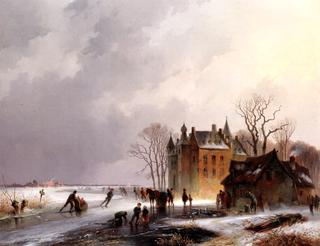 A Winter Landscape with Skaters on a Frozen Lake near a Castle