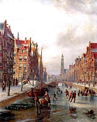 Skaters on the Prinsengracht with the Westerkirk in the Distance, Amsterdam