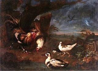 A Cockerel with Ducks in a Landscape