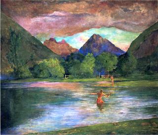 The Entrance to Tautira River, Tahiti. Fisherman Spearing a Fish