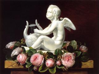 Garland of Pink Roses around 'Cupid Playing a Lyre' on a Brown Marble Ledge