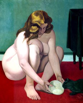 Squatted Woman Offering of Milk to a Cat
