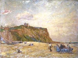 Boat Hauled onto the Beach Below a Cliff