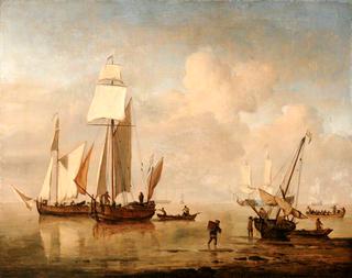 A Calm Sea with Two Fishing Boats and a Third Beached