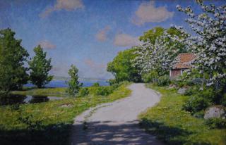 Cottage with lake and trees