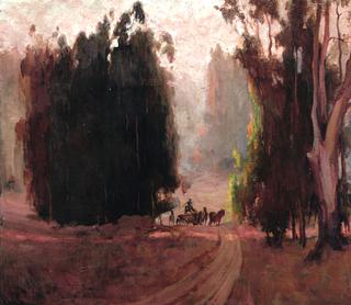 Farmer on Horse Drawn Cart among Eucalyptus