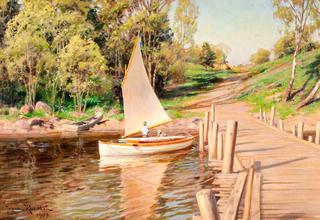 Landscape with boys in sailboat