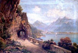 Alpine Lakeside View, with a Three-Horse Coach