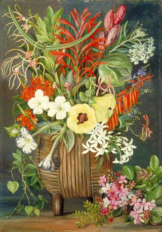 South African Flowers in a Wooden Kaffir Bowl
