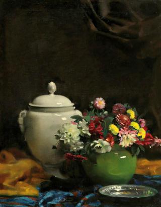 Still-life with Dahlias in Green pot