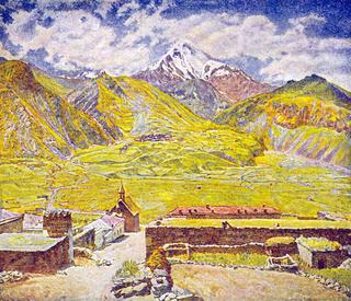 Georgia. The Kazbek Mountain and Village