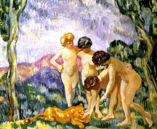 Girls Playing with a Lion Cub