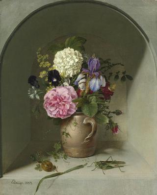 Flowers in a Clay Jug on a Niche with a Grasshopper
