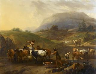 A Mountainous Landscape with Herdsmen Driving Cattle Down a Road