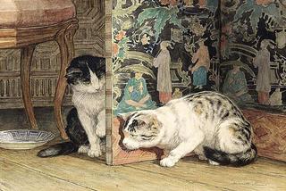 cats playing around a japanese screen