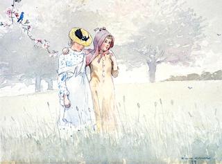 Girls Strolling in an Orchard