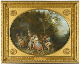 Scene Outside An Inn With a Woman Cutting Vegetables Being Accosted By a Man