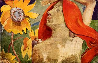 Redheaded Woman and Sunflowers