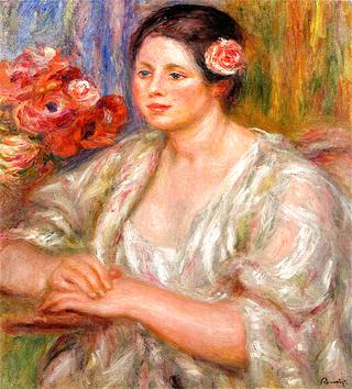 Madelaine in a White Blouse and a Bouquet of Flowers
