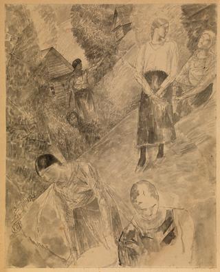 Village Scene with Five Female Figures