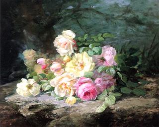 White and Pink Roses on a Forest Floor