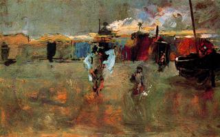 Beach Scene with Shacks and Boats