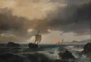 Seascape with sailing ships and sea birds