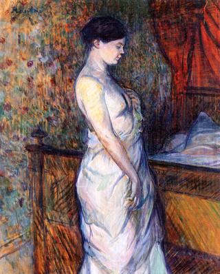 Woman in a Chemise Standing by a Bed