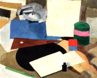 Still Life with Bracket on a Black Disc with a bottle of ink