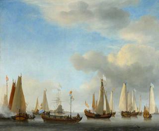 A Dutch State Barge under Oars with bezan Yachts under Sail