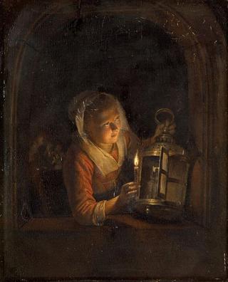 Girl at the window with lantern