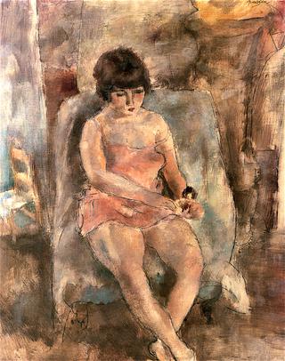 Fifi Seated Wearing a Pink Slip