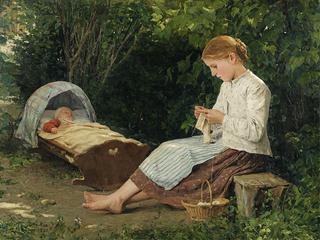 Knitting Girl Watching a Toddler in a Cradle
