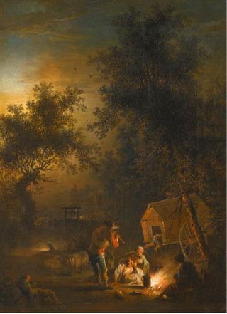 A landscape with travellers at night resting by a roadside fire