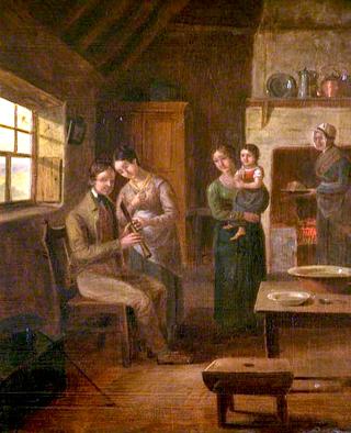 A Seated Man Holding a Chanter and Family in an Interior